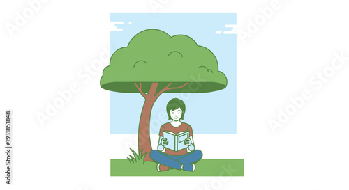 Cartoon vector illustration of a little girl in a green dress swinging in a park with trees grass and summer sky