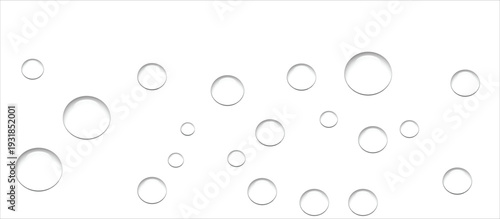 Water droplets on white background, transparent bubbles floating