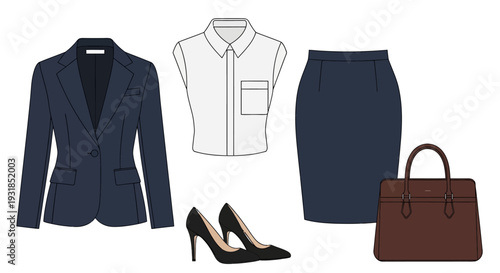 Vector illustration set of clothes including business suit shirt jacket pants and dress