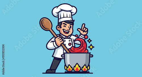 Joyful male chef wearing a white toque and apron, enthusiastically stirring a pot on a stove and pointing with a wooden spoon, on a light blue background.