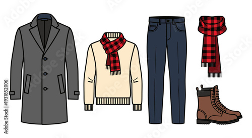 Men's stylish casual winter outfit featuring a gray wool coat, cream sweater with a plaid scarf, dark jeans, and brown leather boots, isolated white background.