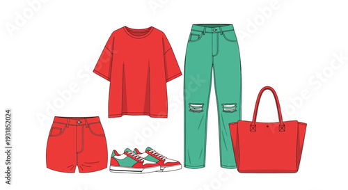 Women's vibrant casual summer outfit featuring a red t-shirt, distressed mint green jeans, red denim shorts, sneakers, and a red tote bag, isolated white background.