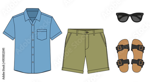 Men's relaxed summer outfit featuring a light blue short-sleeve button-down shirt, olive green cargo shorts, brown sandals, and black sunglasses, isolated white background.