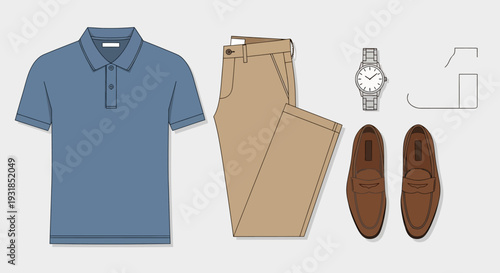 Men's smart business casual outfit with a blue polo shirt, khaki chino pants, brown leather loafers, and a silver wristwatch, isolated white background.