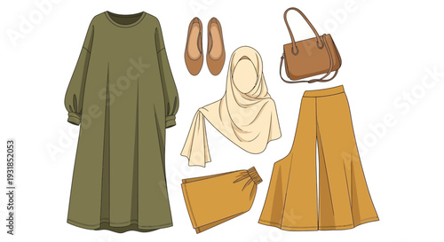 Modest Muslim women's outfit showcasing a khaki green flowing dress, cream-colored hijab, brown ballet flats, a brown handbag, and mustard yellow skirt and palazzo pants, isolated white background.