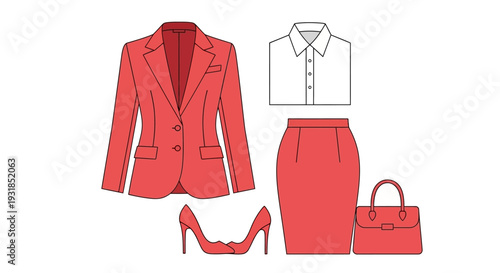 Women's professional and stylish red outfit featuring a tailored blazer, white button-up shirt, matching red pencil skirt, red high heels, and a red handbag, isolated white background.