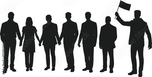Black silhouette vector illustration of group of people holding hands with leader raising flag, symbolizing unity, teamwork, leadership, and collective movement
