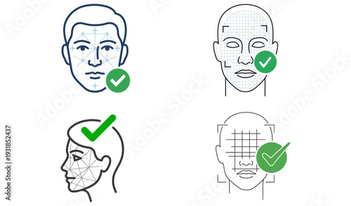 Human face outline with scanning grid and verification check mark_26