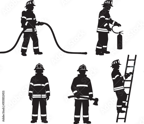 Black silhouette firefighters team in action holding hose extinguisher climbing ladder helmet gear rescue poses, emergency firefighting vector illustration for safety hero designs logos