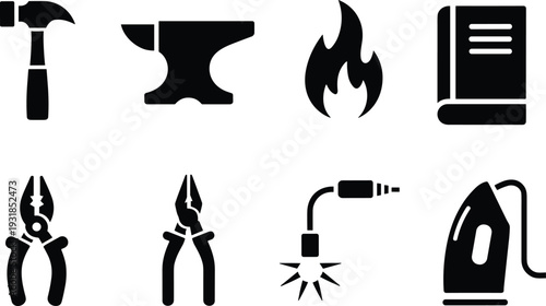 Black silhouette vector illustration of hammer, anvil, flame, book, pliers, welding torch, and iron, representing tools, craftsmanship, vocational training
