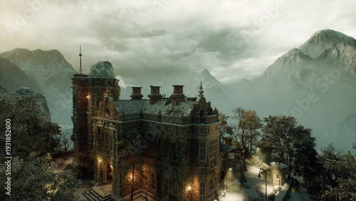 Billede på lærred historic mountain library and study under moody sky with lit windows and ornate