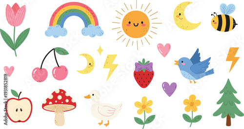 Cute Nature Elements Collection with Rainbow Sun Moon Animals Flowers and Fruits Vector Illustration Set