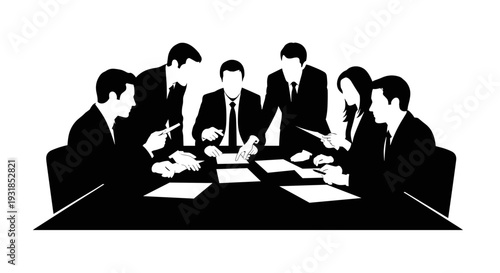 A crisp vector illustration of a professional business meeting, featuring a focused team collaborating around a conference table for strategic planning