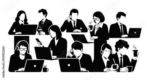 Vector illustration of a diverse group of professionals engaged in work activities, using laptops, phones, and enjoying beverages in a modern office setting