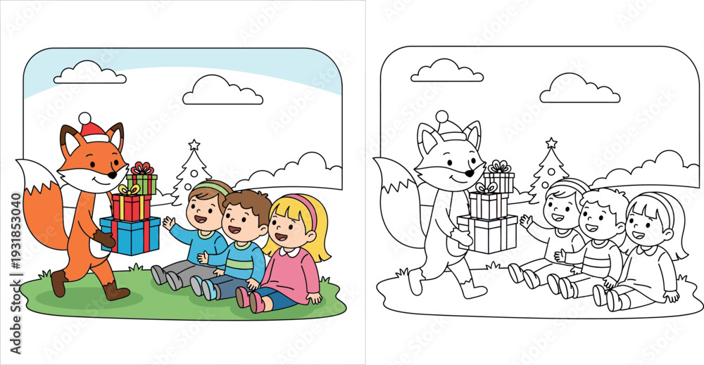 Fototapeta premium Cute cartoon fox in Santa hat delivering gift boxes to three happy kids sitting on grass