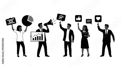 Black and white vector illustration of business professionals holding signs and icons, representing marketing and social media engagement in a corporate setting