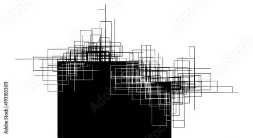 Abstract geometric vector pattern representing a chaotic expansion of squares originating from a solid black block creating a sense of organized complexity and digital art design