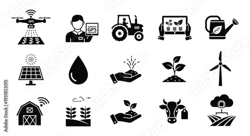A collection of black glyph icons depicting modern agricultural technology and sustainable farming practices silhouette high quality professional detailed elegant