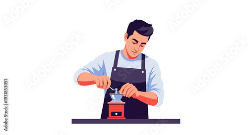 Man Sharpening Knife on Sharpening Stone. Vector Illustrations. EPS Editable