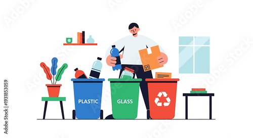 Man sorting waste into different colored bins for recycling. Vector Illustrations. EPS Editable