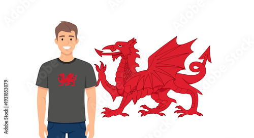 Man Standing Next to Red Dragon Symbol. Vector Illustrations. EPS Editable