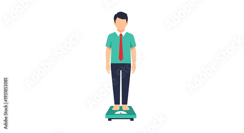 Man Standing on Scale Measuring Weight and Health. Vector Illustrations. EPS Editable