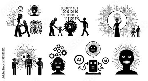Insightful vector illustrations exploring the evolving human-AI relationship, depicting future development, learning processes, and societal interaction in a technological era