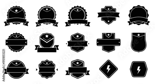 Collection of black and white vector emblems and badges with ribbons and shields for graphic design and branding projects