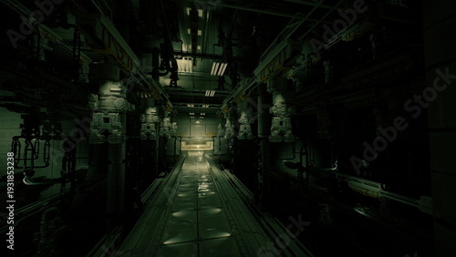 Photos clinical research corridor with dormant experiment crates and diagnostic rigs, p