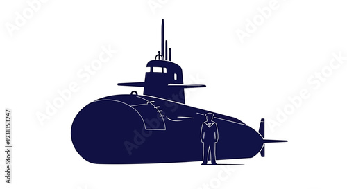 Navy Submarine with Sailor Standing Beside. Vector Illustrations. EPS Editable