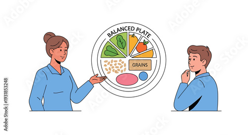 Nutritionist Explaining Balanced Diet to Client. Vector Illustrations. EPS Editable