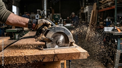 Carpenter using circular saw on wood in workshop