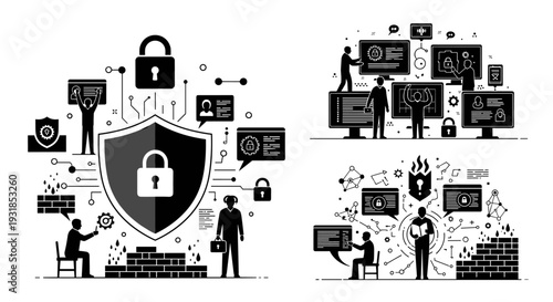 Cybersecurity vector illustration of digital protection and data security, safeguarding networks, firewalls, and user privacy with modern technology