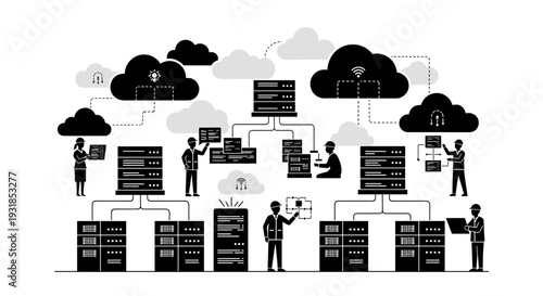Vector graphic illustrating cloud computing networks, secure data infrastructure, and professional IT management. Depicts modern digital operations and efficient information flow