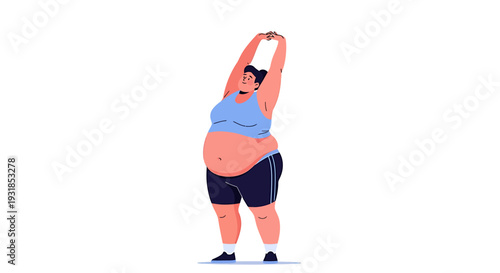 Overweight Woman Stretching in Fitness Outfit. Vector Illustrations. EPS Editable