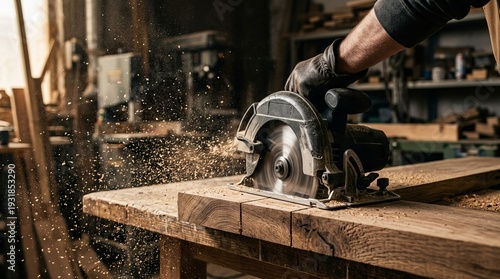 Carpenter cutting wood with circular saw in workshop