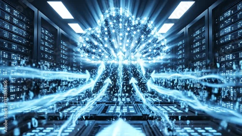 Cloud Computing Data Servers - Digital animation of servers in a data center connected to a cloud, with upward arrows indicating data transmission.