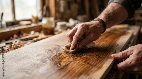 Carpenter applying finish to wood in workshop