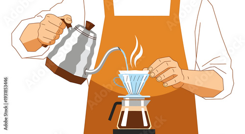 Person making pour over coffee with kettle and dripper illustration. Vector Illustrations. EPS Editable