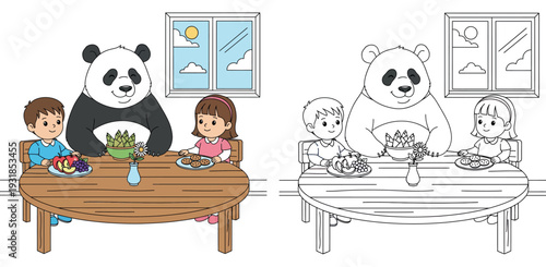 Cute cartoon children having lunch with a giant panda at a round wooden table. Happy boy and girl eating fruit