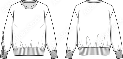 White crew neck sweater front and back views with ribbed cuffs and hem front view