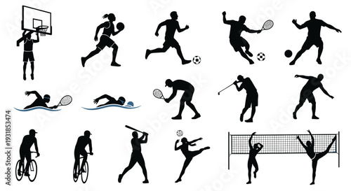 Dynamic vector illustrations showcasing diverse athlete silhouettes engaging in various popular sports and physical activities, perfect for graphic design projects and athletic themes