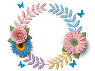 Decorative circular frame created with colorful papercut flowers leaves and butterflies transparent background