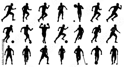 Dynamic vector set of diverse athlete silhouettes, illustrating individuals engaged in various sports and active poses, ideal for fitness and competition design