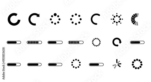 Modern vector loading, progress, and buffering icons collection. Essential UI elements for web and mobile applications, visualizing system status and user wait times efficiently