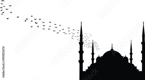Mosque silhouette with flying birds, Islamic Ramadan Kareem background design, black and white religious flat vector illustration