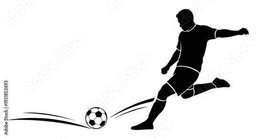 Silhouette vector illustration of a soccer player kicking a soccer ball with motion lines and a white background