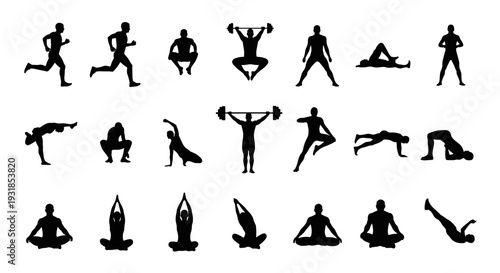 Collection of vector silhouette figures performing various sports and fitness activities, including running, lifting weights, yoga, and stretching, isolated on white background
