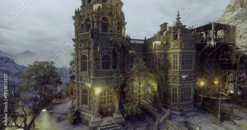 Dramatic gothic castle bathed in dusk, paranormal investigator exploring shadowed halls, lanterns casting narrow beams across cracked stone, battlements