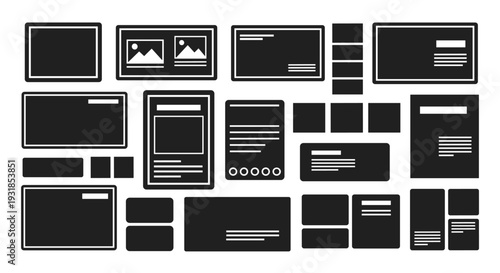 Comprehensive vector collection of modern digital interface and print media layout templates, perfect for web design mockups and abstract content block representations